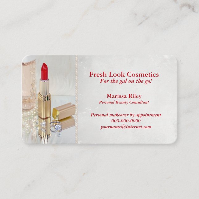 Cosmetic product with red lipstick on mirror business card (Front)