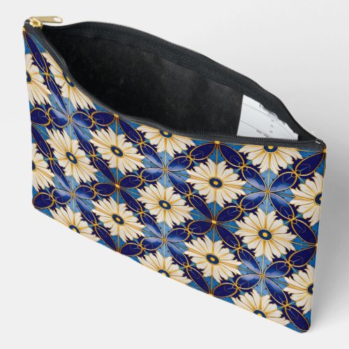 Cosmetic Storage Art Deco Floral Motif Gold Blue Accessory Pouch