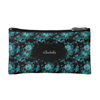 Cosmetic Teal Blue Paisley Floral Make-up Lipstick Cosmetic Bag by ZizzagoBags at Zazzle