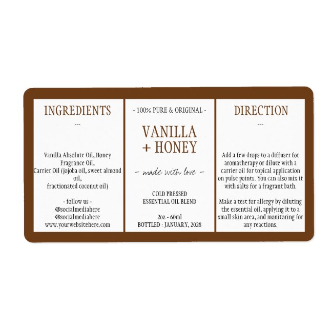 Cosmetic Vanilla Honey Ingredients brown Label