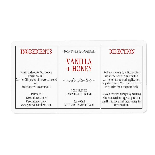 Cosmetic Vanilla Honey Ingredients Label (Front)