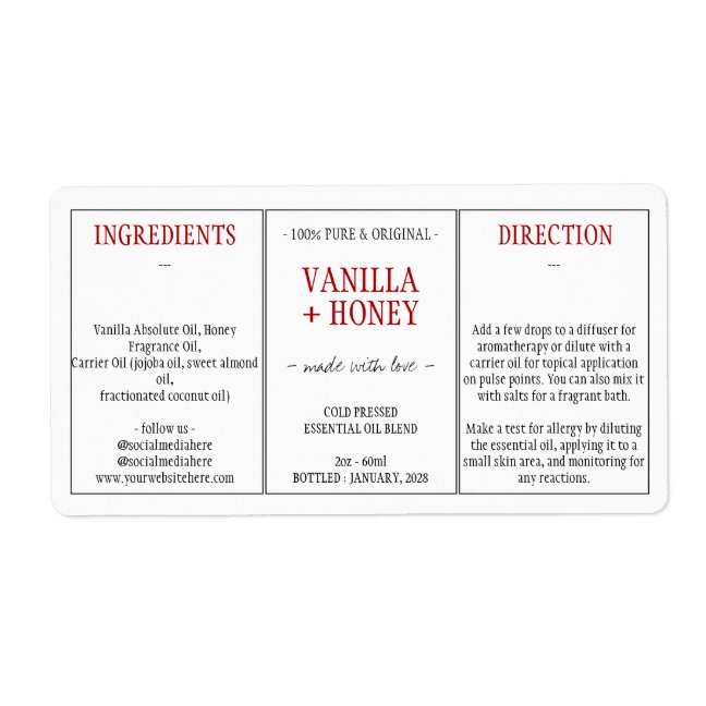 Cosmetic Vanilla Honey Ingredients Label