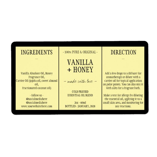 Cosmetic Vanilla Honey Ingredients yellow Label (Front)