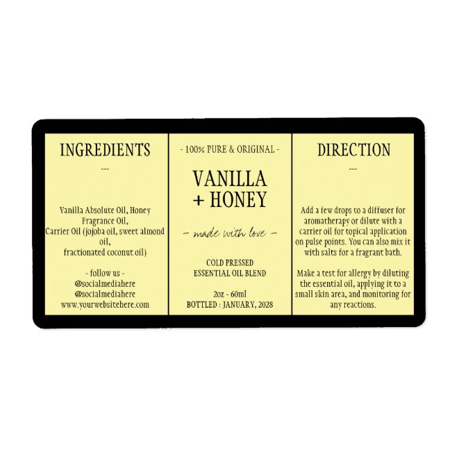 Cosmetic Vanilla Honey Ingredients yellow Label