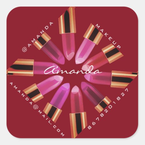 Cosmetica Makeup Shop Rose Pink Lipstick Gold Square Sticker