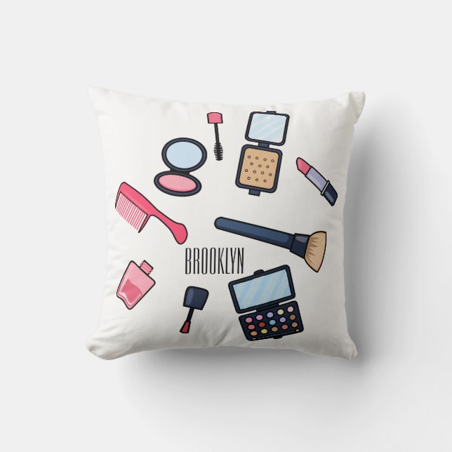 Cosmetics / make-up cartoon illustration throw pillow (Front)