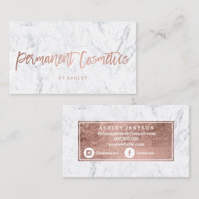 Cosmetics rose gold typography white marble business card (Front/Back)