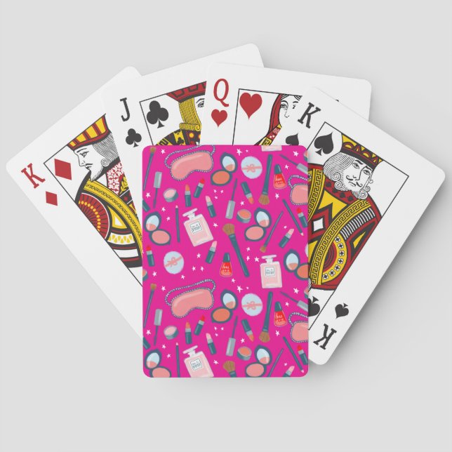 Cosmetics Vintage Beauty Pattern Makeup Hot Pink Poker Cards (Back)