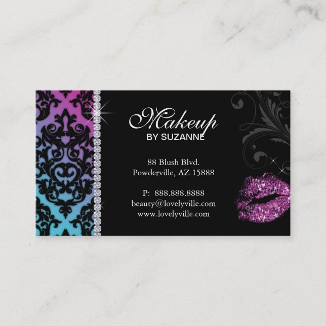 Cosmetologist Business Card Damask Blue Pink (Front)