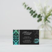 Cosmetologist Business Card Damask Glitter Teal (Standing Front)
