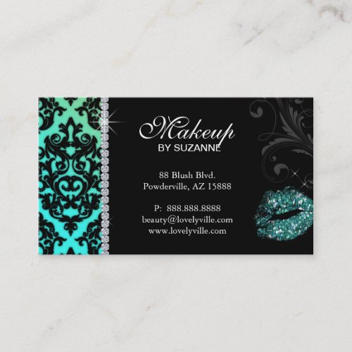 Cosmetologist Business Card Damask Glitter Teal