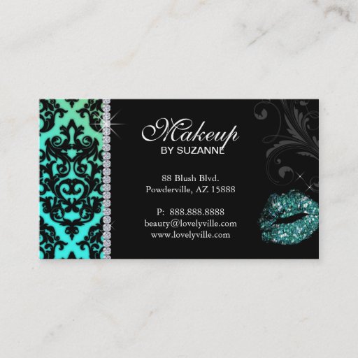 Customizable Cosmetologist Business Card Damask Glitter Teal