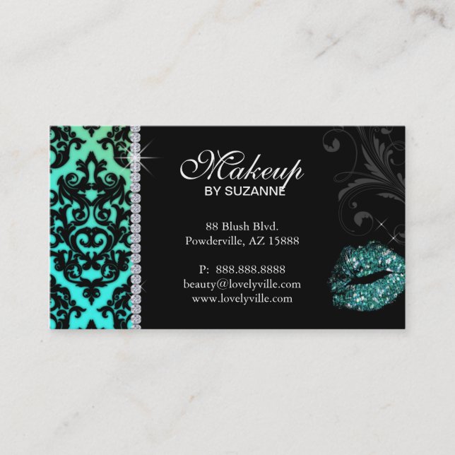 Cosmetologist Business Card Damask Glitter Teal (Front)