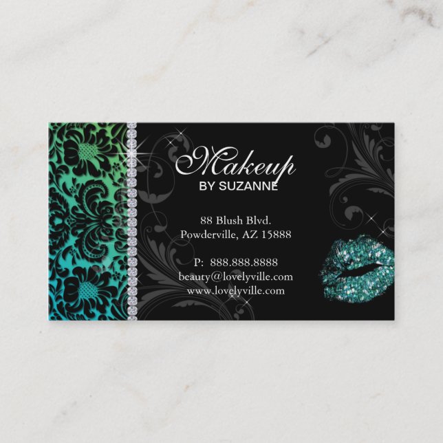 Cosmetologist Business Card Floral Glitter Teal (Front)