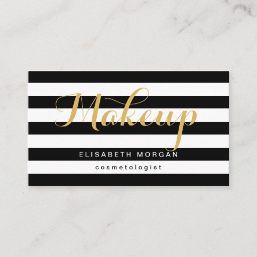 Customizable Cosmetologist Gold Calligraphy Black White Stripes Double-Sided Standard Business Cards (Pack Of 100)
