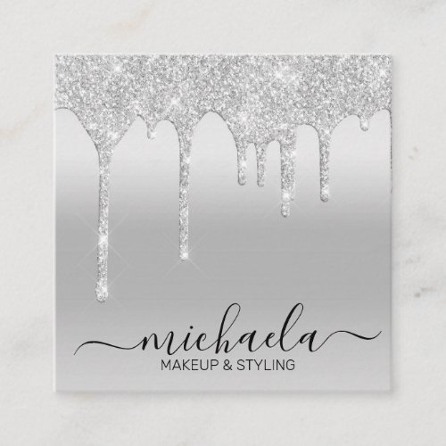 Cosmetologist Makeup Artist Silver Glitter Drip Sq Square Business Card