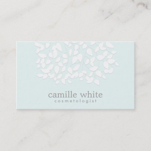Cosmetologist Pretty White Leaves Light Aqua Blue Business Card