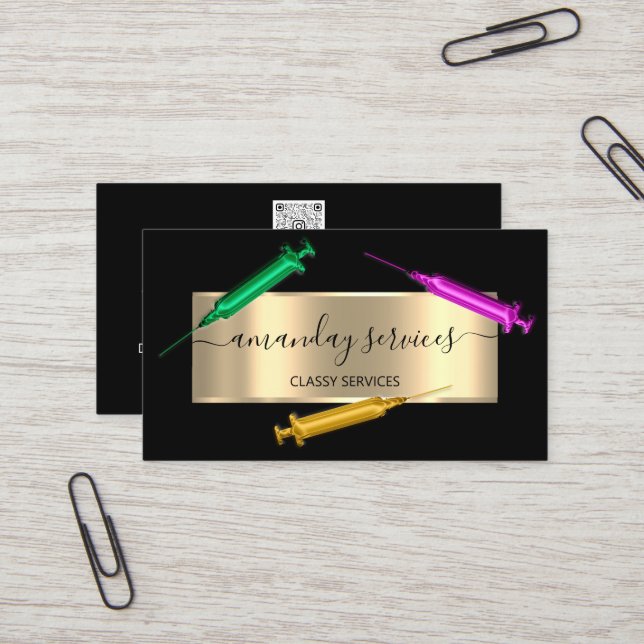 Cosmetologist Syringe Botox B12 QRCode Black Pink Business Card (Front/Back In Situ)