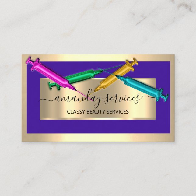 Cosmetologist Syringe Botox B12 QRCode Blue Business Card (Front)