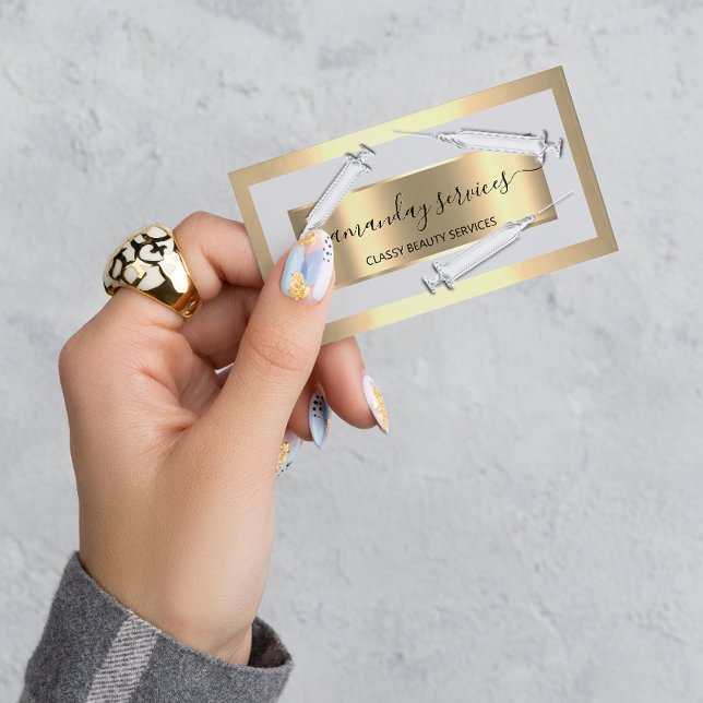 Cosmetologist Syringe Botox B12 QRCode Gray Gold Business Card (Cosmetologist Syringe Botox B12 QRCode Gray Gold Business Card)