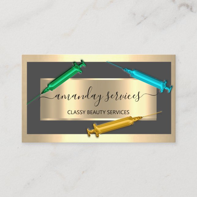 Cosmetologist Syringe Botox B12 QRCode Gray Gold  Business Card (Front)