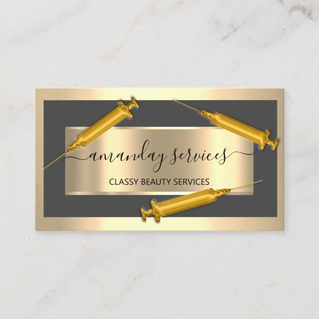 Cosmetologist Syringe Botox B12 QRCode Gray Golden Business Card (Front)