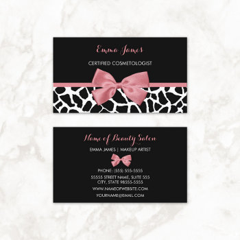 Cosmetologist Trendy Giraffe Print Rosy Pink Bow Business Card by GirlyBusinessCards at Zazzle