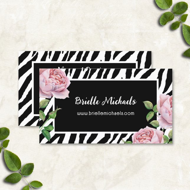 Cosmetologist Zebra Rose Glam Business Card (Zebra Stripes Pattern With Pink Roses Business Cards)