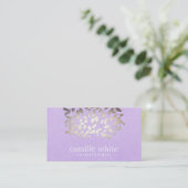 Cosmetology Faux Foil Leaves Lavender Linen Look Business Card (Standing Front)