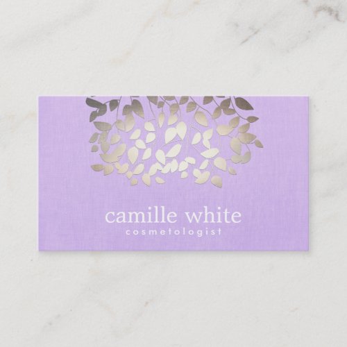 Cosmetology Faux Foil Leaves Lavender Linen Look Business Card Templates