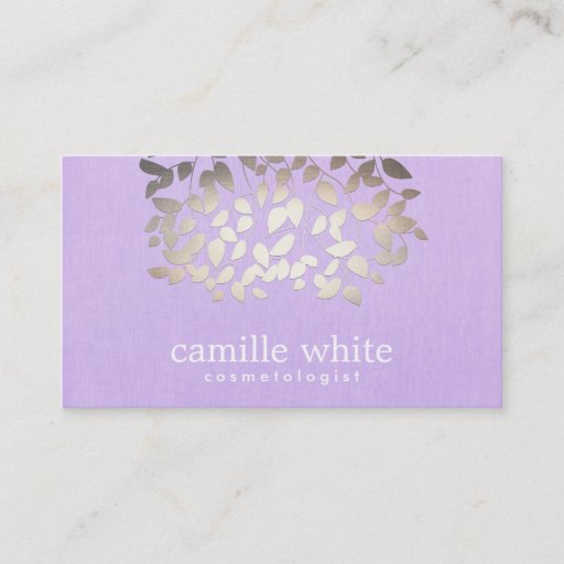 Customizable Cosmetology Faux Foil Leaves Lavender Linen Look Business Card Templates