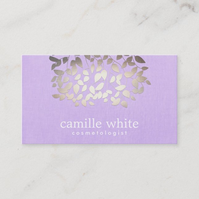 Cosmetology Faux Foil Leaves Lavender Linen Look Business Card (Front)