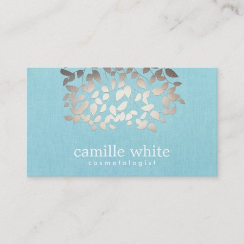 Cosmetology Faux Foil Leaves Turquoise Linen Look Business Card