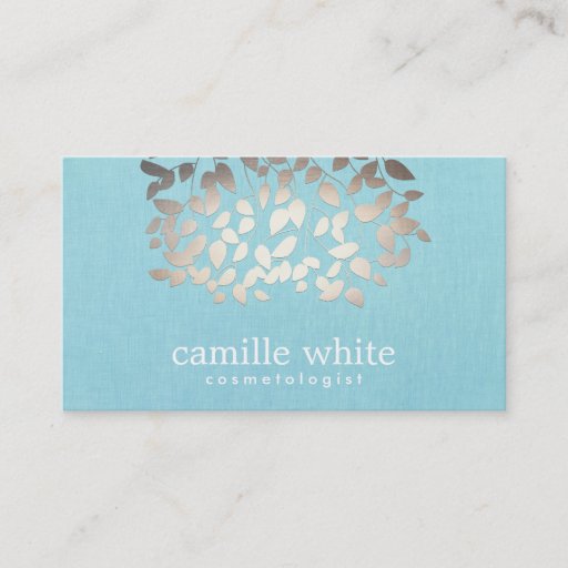 Customizable Cosmetology Faux Foil Leaves Turquoise Linen Look Business Card Templates