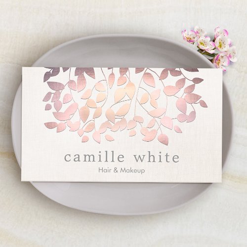 Cosmetology Faux Pink Foil Leaves Linen Look Business Card Templates