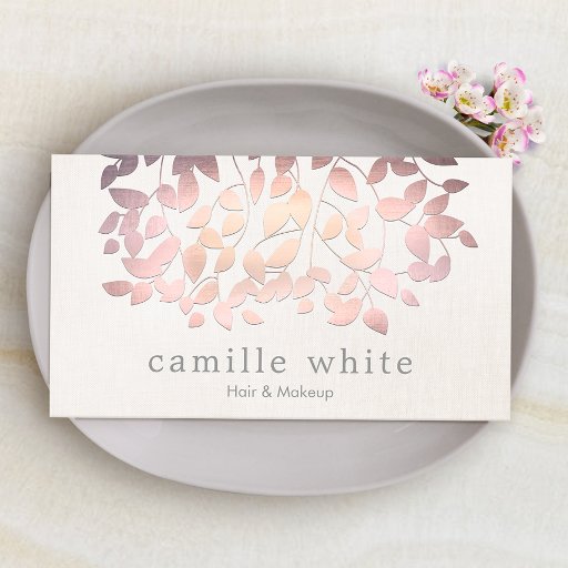 Customizable Cosmetology Faux Pink Foil Leaves Linen Look Business Card Templates