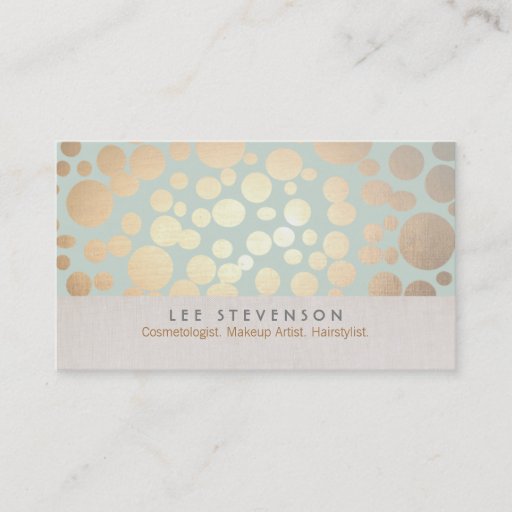 Customizable Cosmetology Gold Circles Pale Turquoise Linen Look Business Card Template