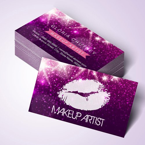 Cosmetology MakeUp Artist - Stylish Purple Glitter Business Card Templates