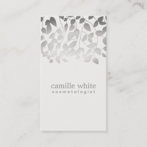 Cosmetology Silver Foil Embossed Look Leaves Gray Business Card Template