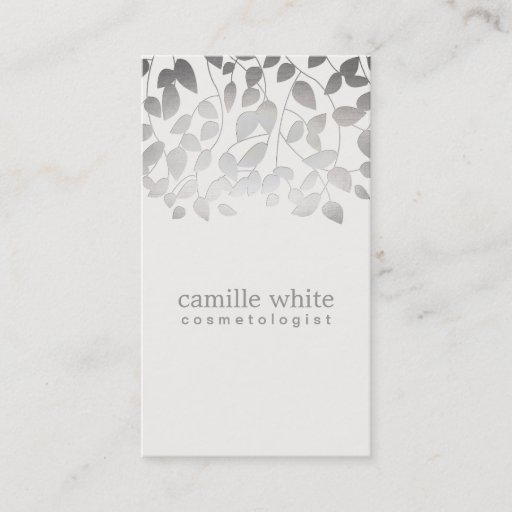 Customizable Cosmetology Silver Foil Embossed Look Leaves Gray Business Card Template