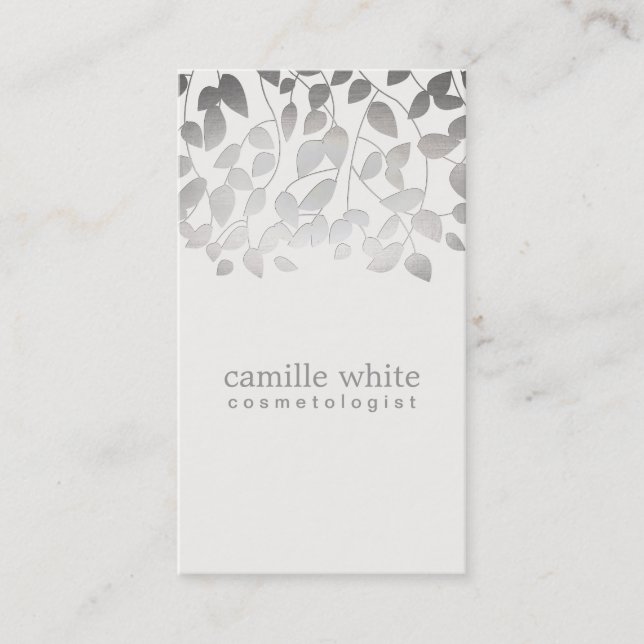 Cosmetology Silver Foil Embossed Look Leaves Gray Business Card (Front)