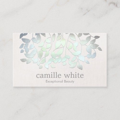 Cosmetology Spa Blue Green Leaves Linen Look Business Card