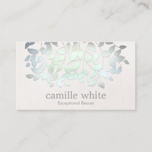 Customizable Cosmetology Faux Blue Green Foil Leaves Linen Look Business Card Templates