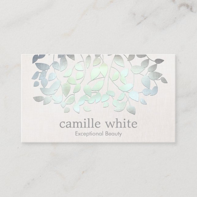 Cosmetology Spa Blue Green Leaves Linen Look Business Card (Front)