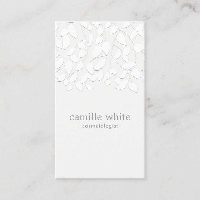 Cosmetology White Embossed Look Leaves Business Card (Front)