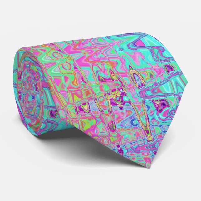 Cosmic Abstract Aqua and Hot Pink Retro Ripples Neck Tie (Rolled)