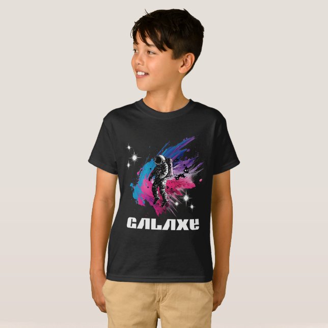 Cosmic Astronaut Galaxy Splash – Space Art T-Shirt (Front Full)