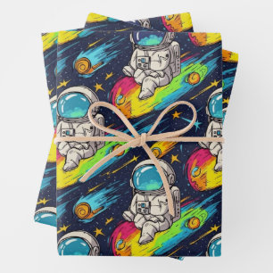 Cosmic Astronaut Meteor Ride Pattern Wrapping Paper Sheets