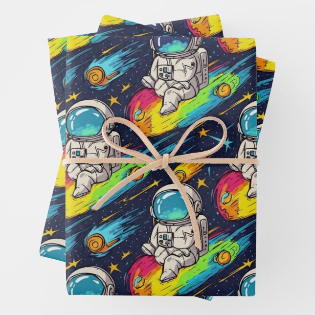 Cosmic Astronaut Meteor Ride Pattern Wrapping Paper Sheets (In situ)