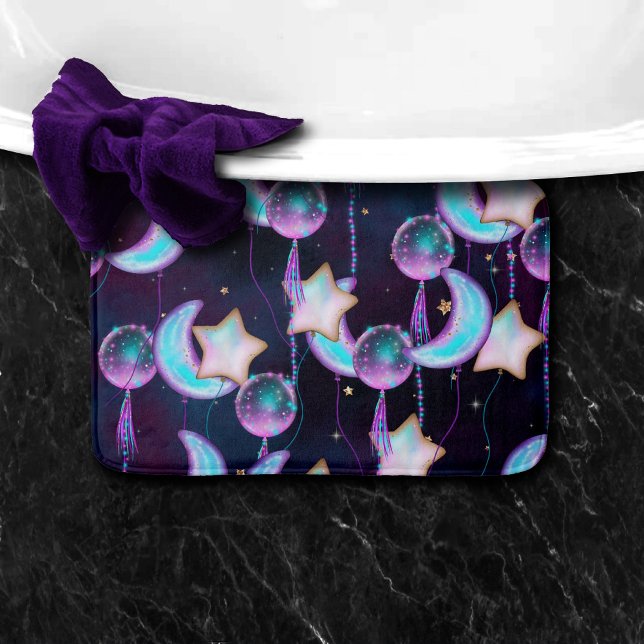 Cosmic Balloons | Blue Purple Moon Stars Planets Bath Mat (Creator Uploaded)